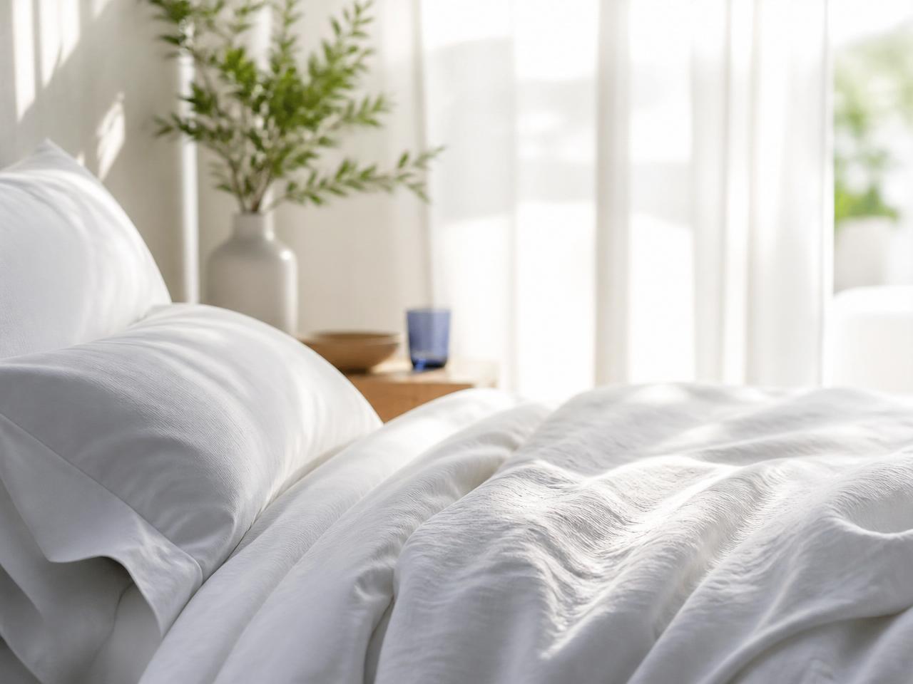 Quarto luminoso com lençóis brancos e ar limpo
